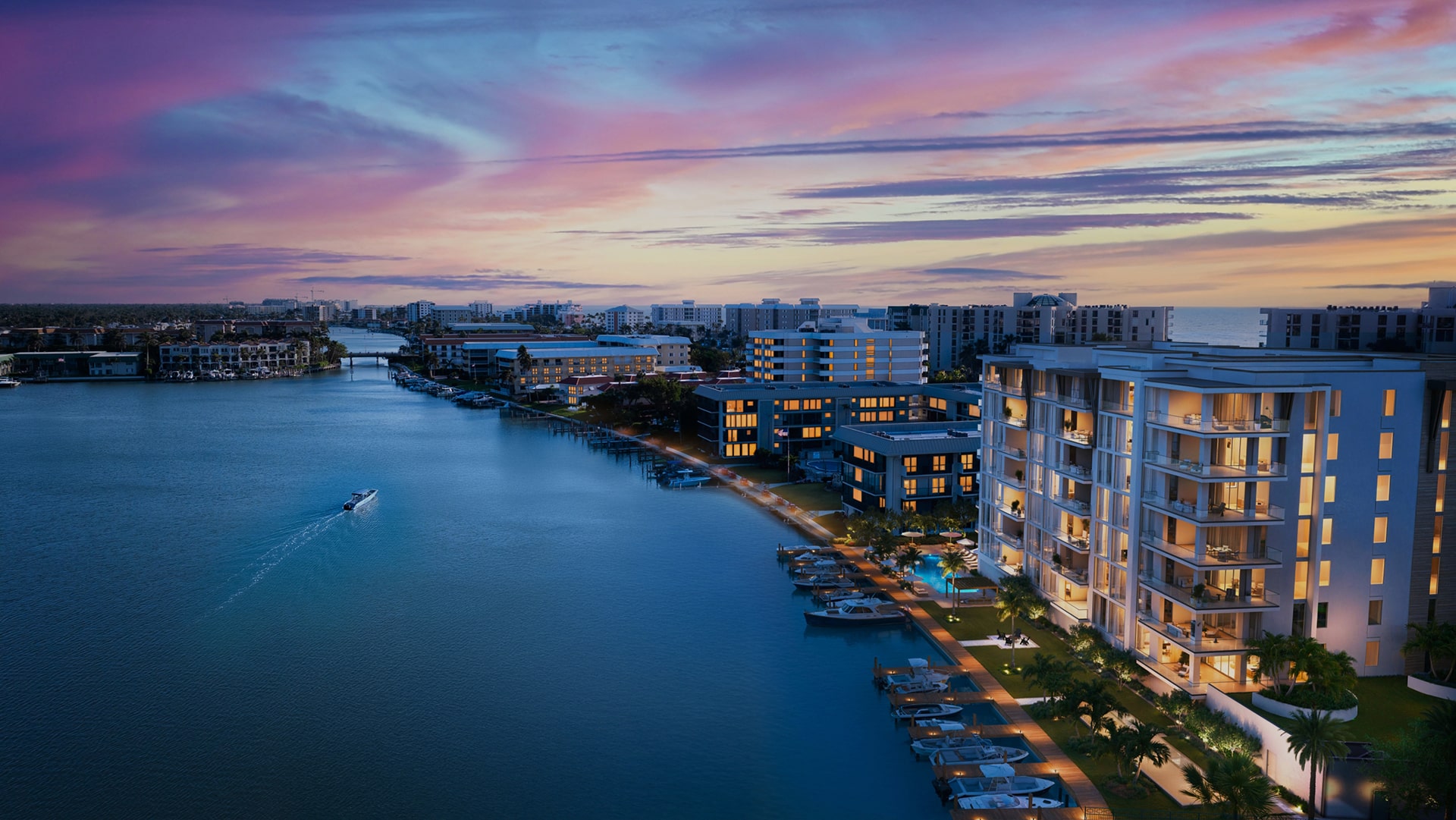 3300 Gulf Shore Naples &mdash; aerial view at sunset showing dual waterfront position between Gulf of Mexico and Outer Doctors Bay
