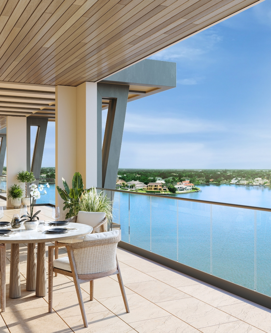 3300 Gulf Shore Naples &mdash; private terrace with panoramic marina and Outer Doctors Bay views