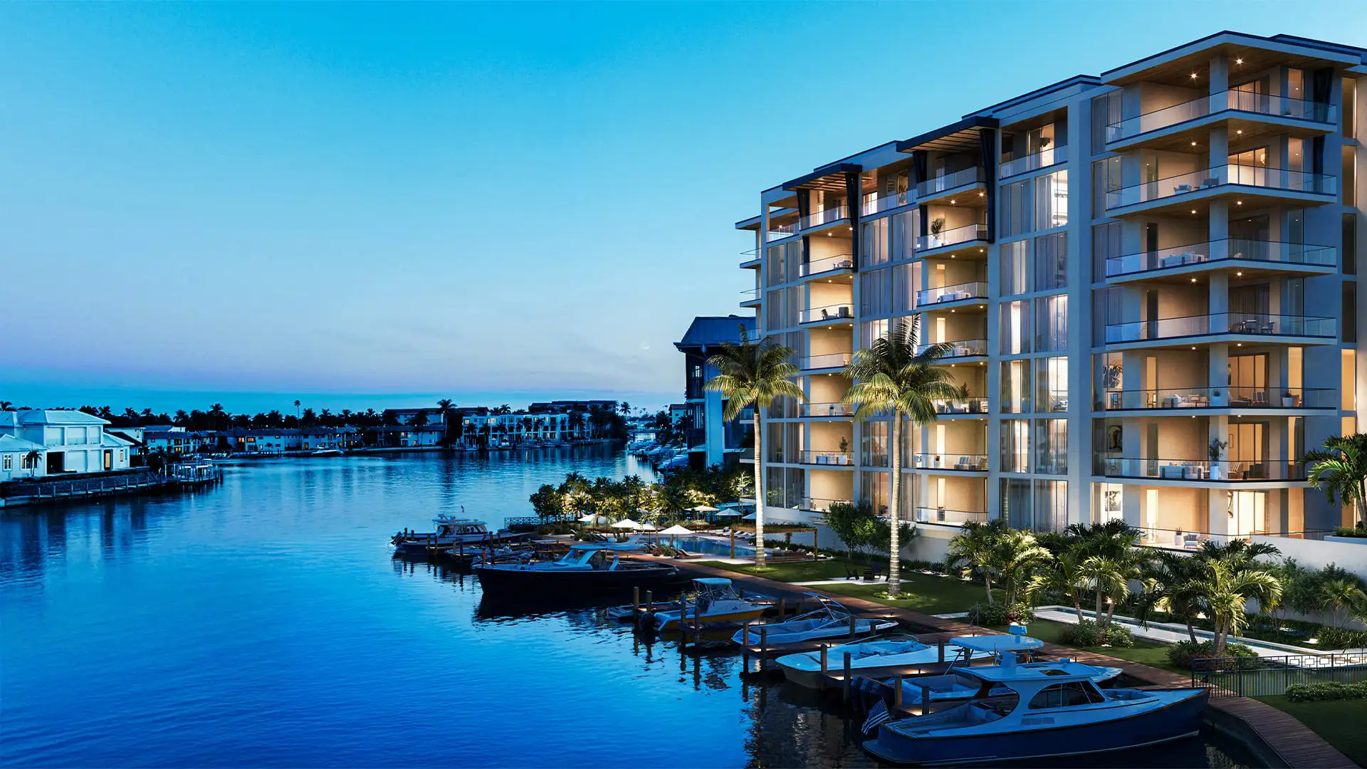 3300 Gulf Shore in The Moorings, Naples, with its private marina on Outer Doctors Bay at twilight