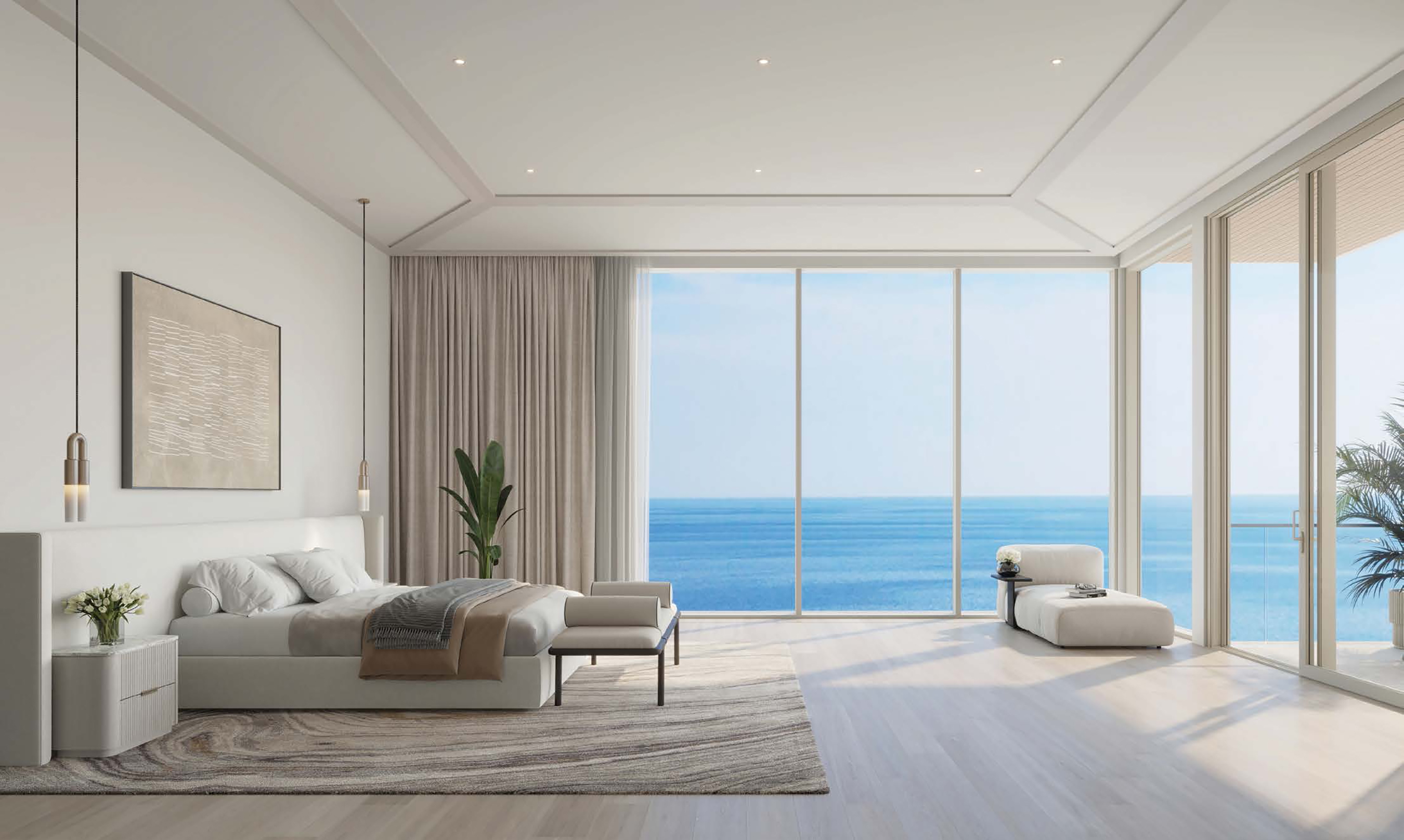 Olana Naples master suite with floor-to-ceiling glass walls and panoramic Gulf of Mexico views, Naples, Florida