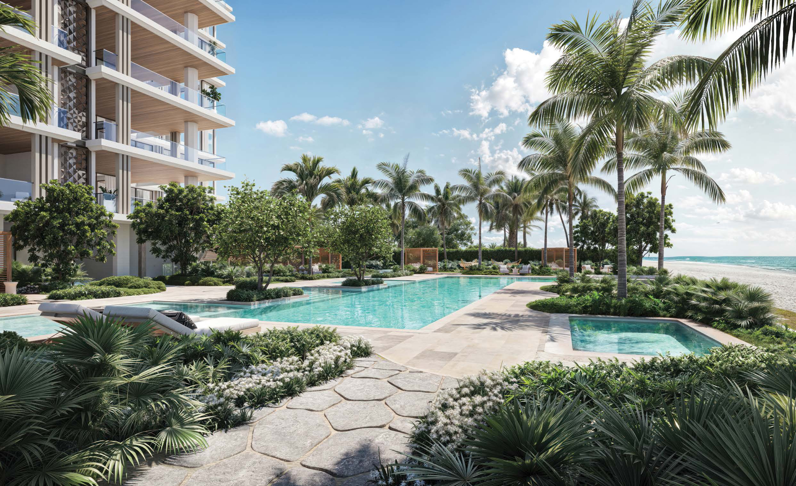 Olana Naples pool terrace and tropical gardens with direct Gulf of Mexico beach access, Naples, Florida