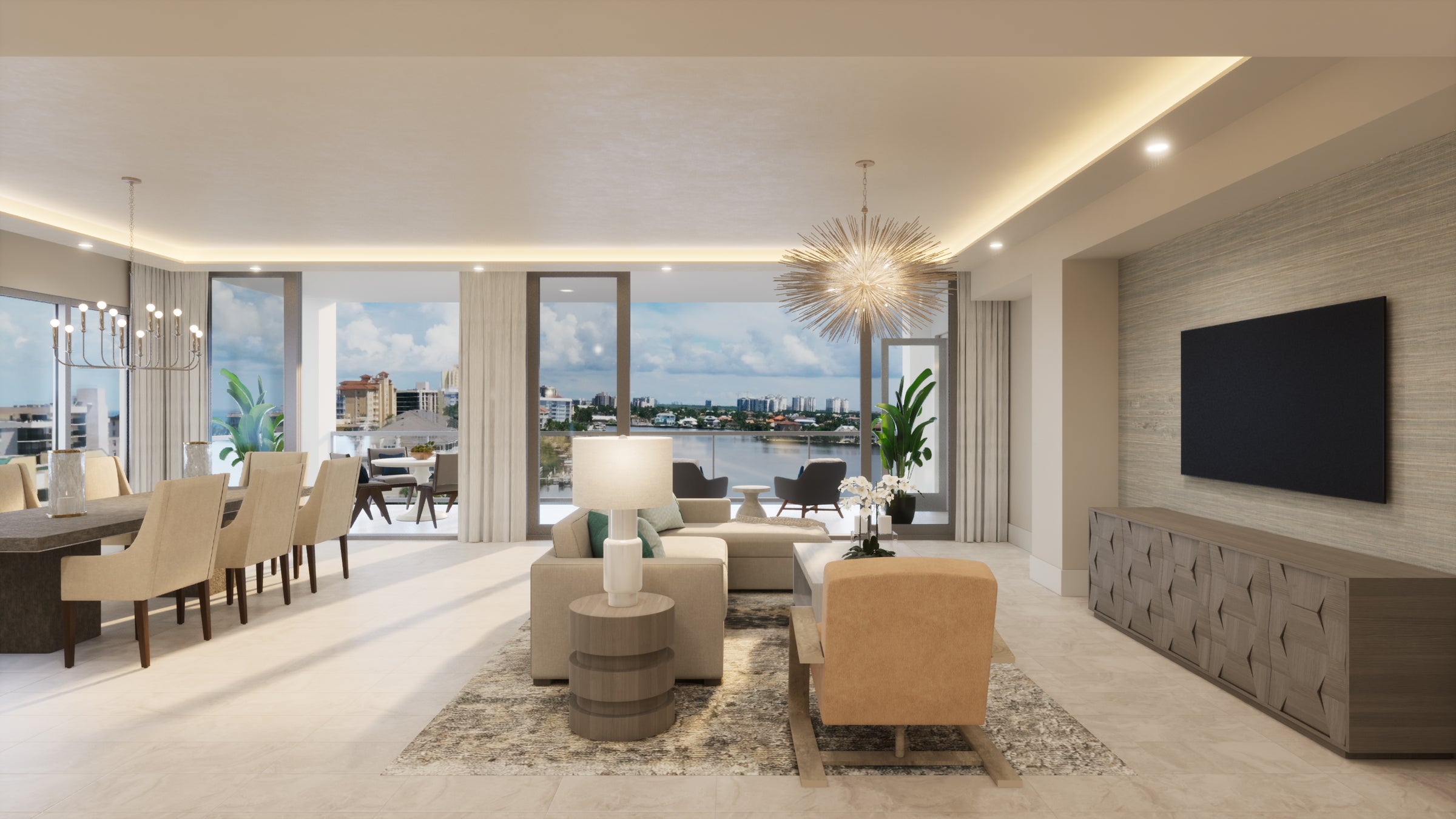 The Ritz-Carlton Residences Naples &mdash; Bay Residence open-plan living and dining room with Vanderbilt Lagoon views