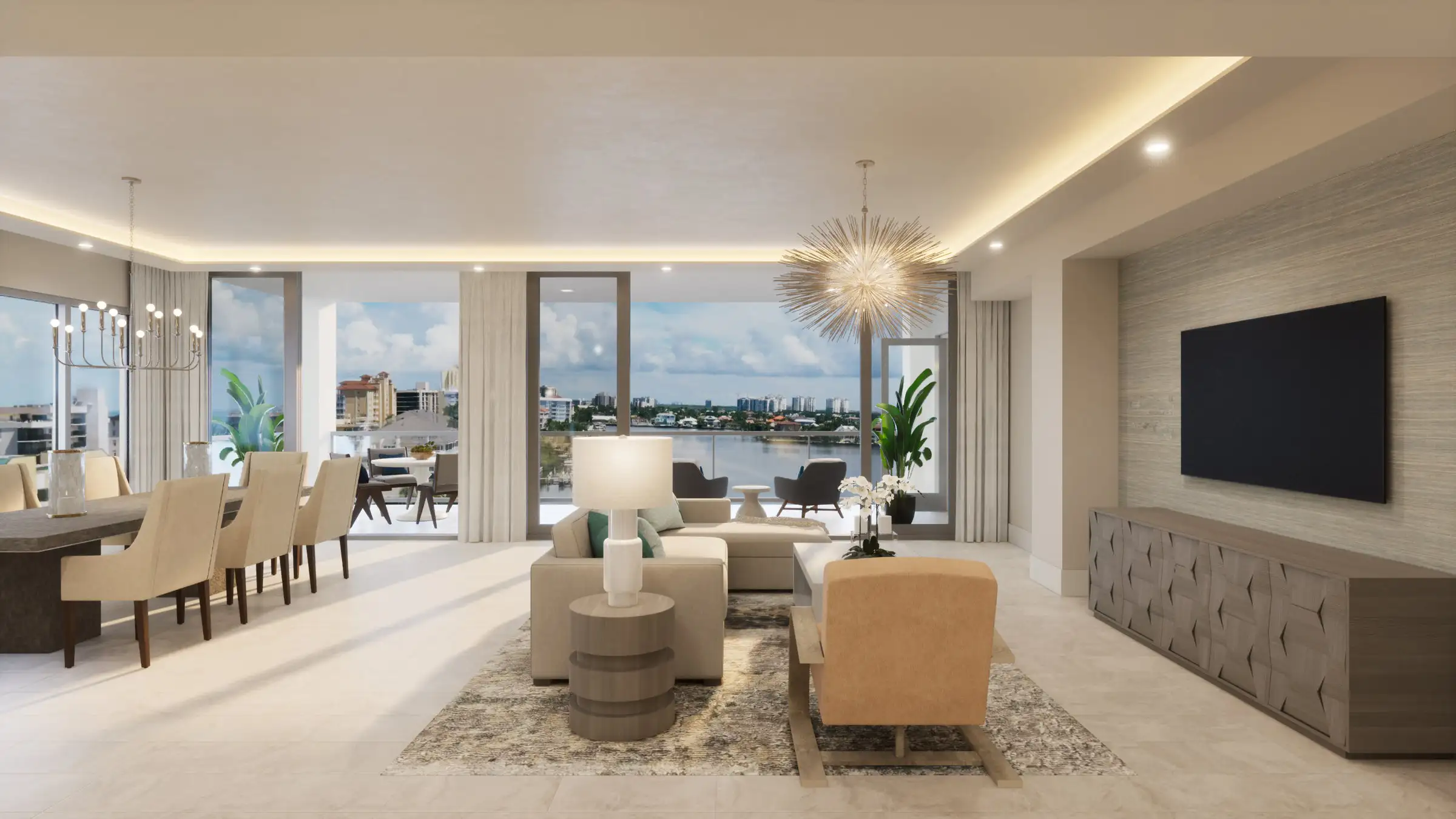 The Ritz-Carlton Residences Naples &mdash; Bay Residence open-plan living and dining room with Vanderbilt Lagoon views