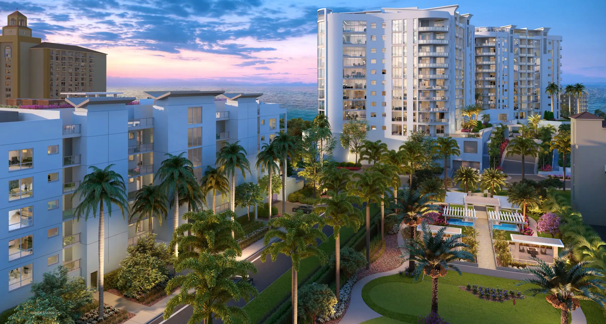 The Ritz-Carlton Residences Naples &mdash; aerial view of all five buildings with private park and tropical gardens