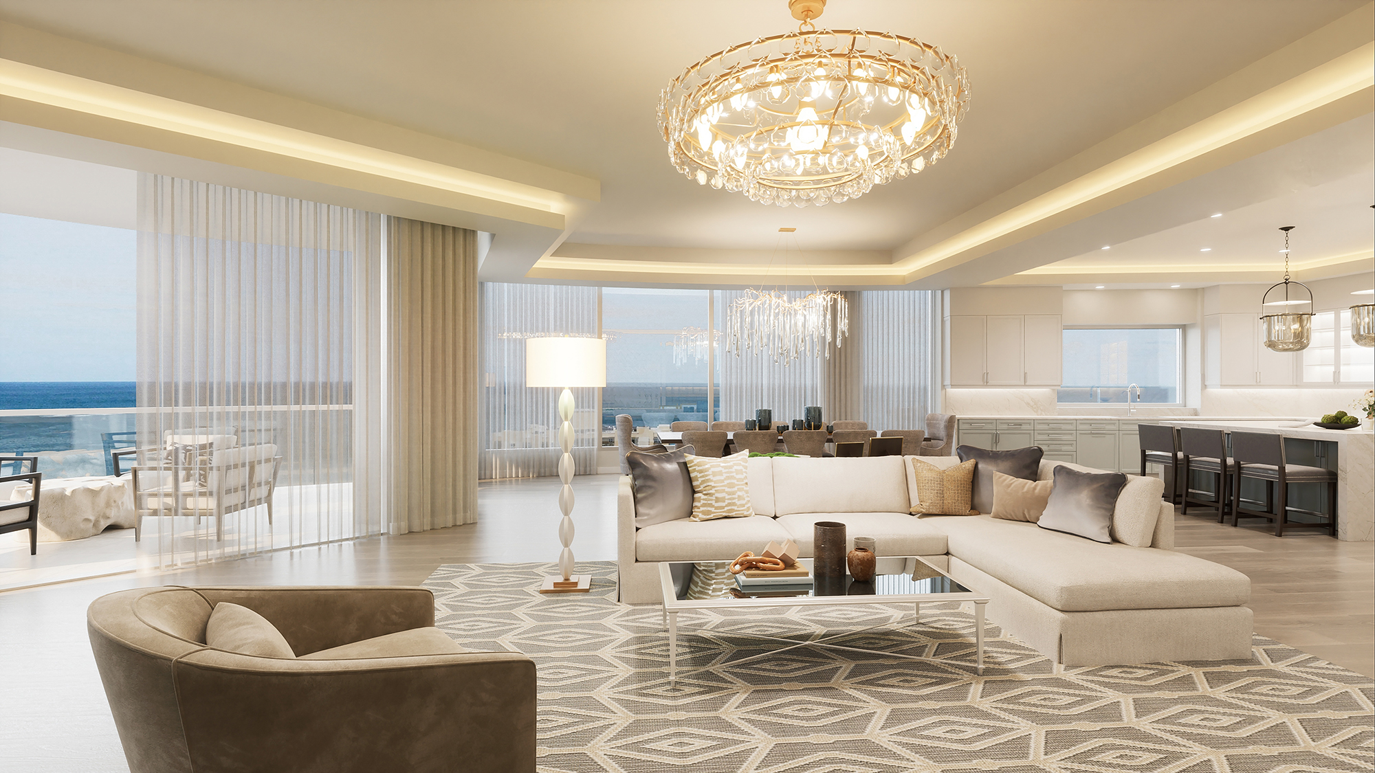 The Ritz-Carlton Residences Naples &mdash; Tower Residence grand living room with crystal chandelier and floor-to-ceiling Gulf views.jpg