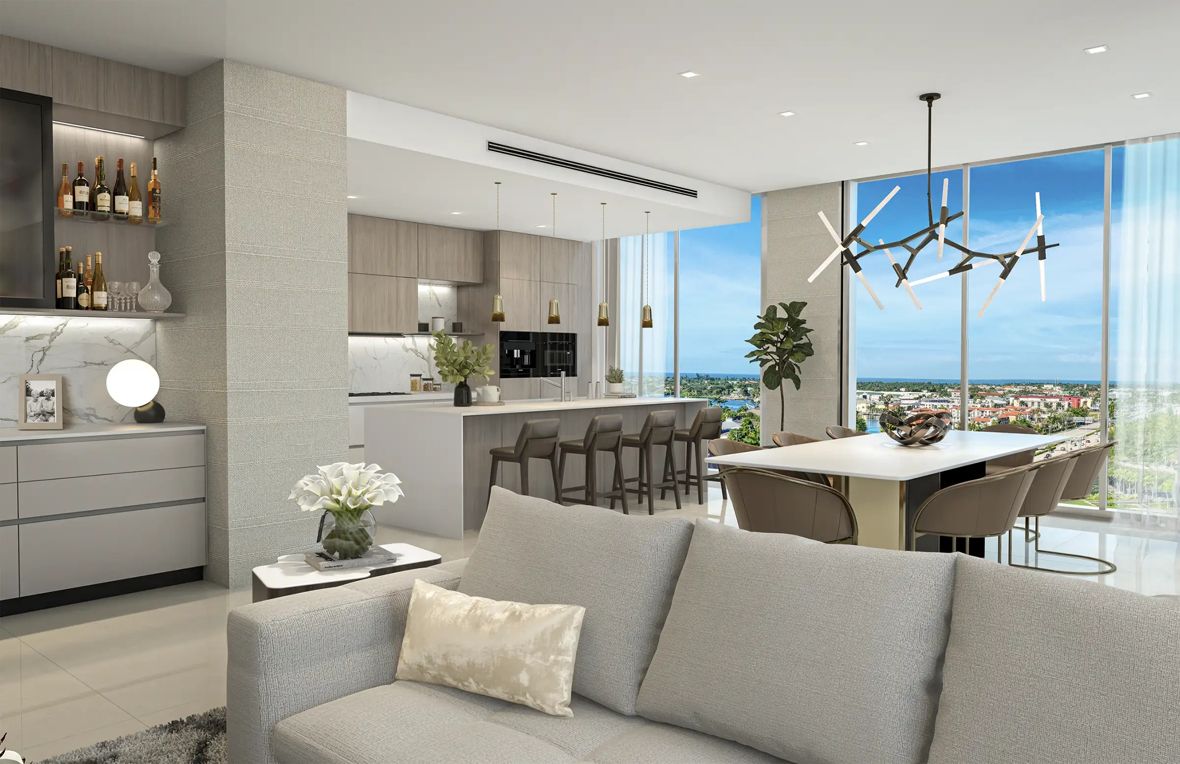 Avra at Metropolitan Naples — open-plan great room and kitchen with Naples Bay views, Naples Florida