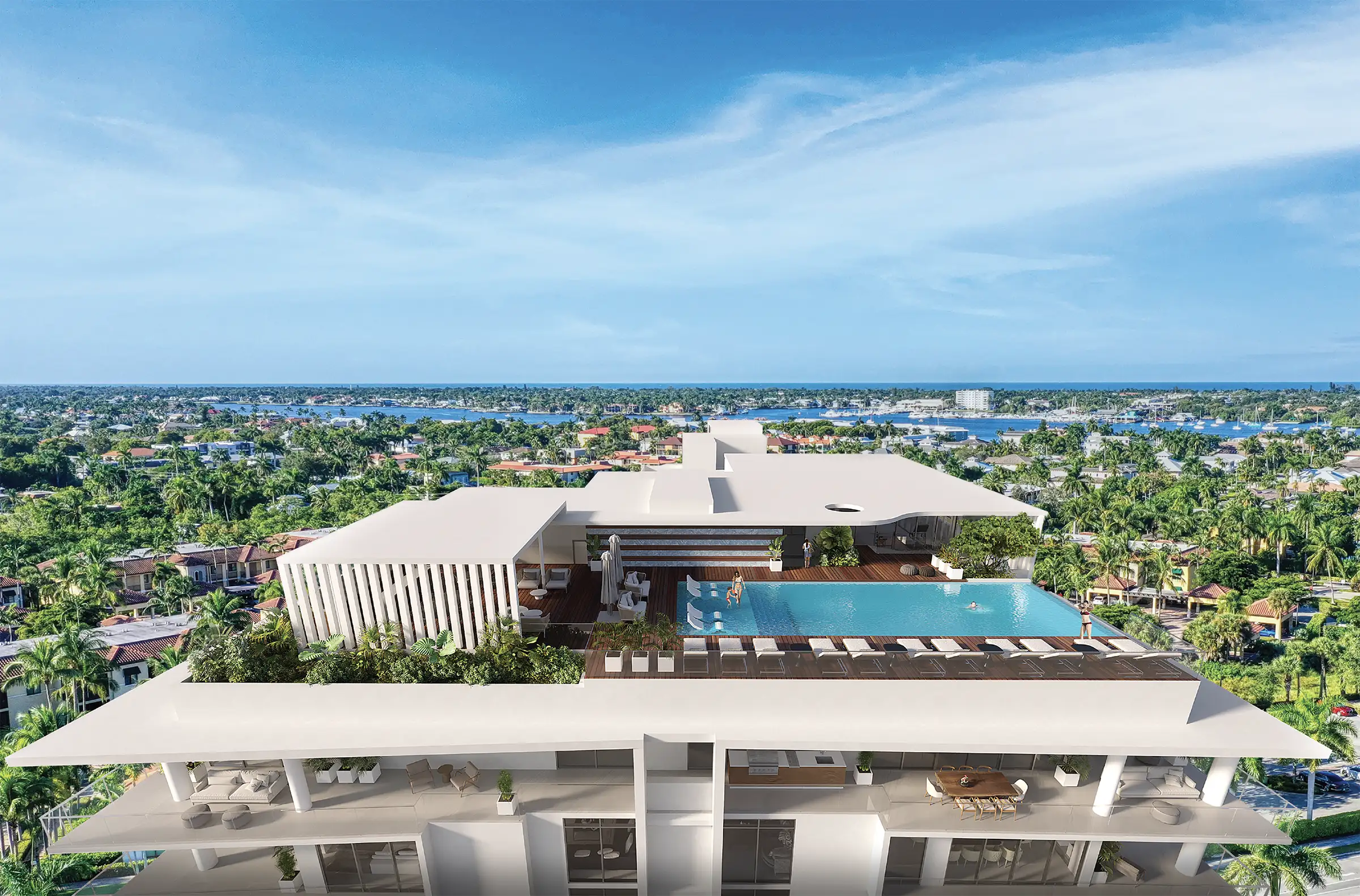 Avra at Metropolitan Naples — aerial view of rooftop pool deck with Naples Bay and Gulf of Mexico, Naples Florida
