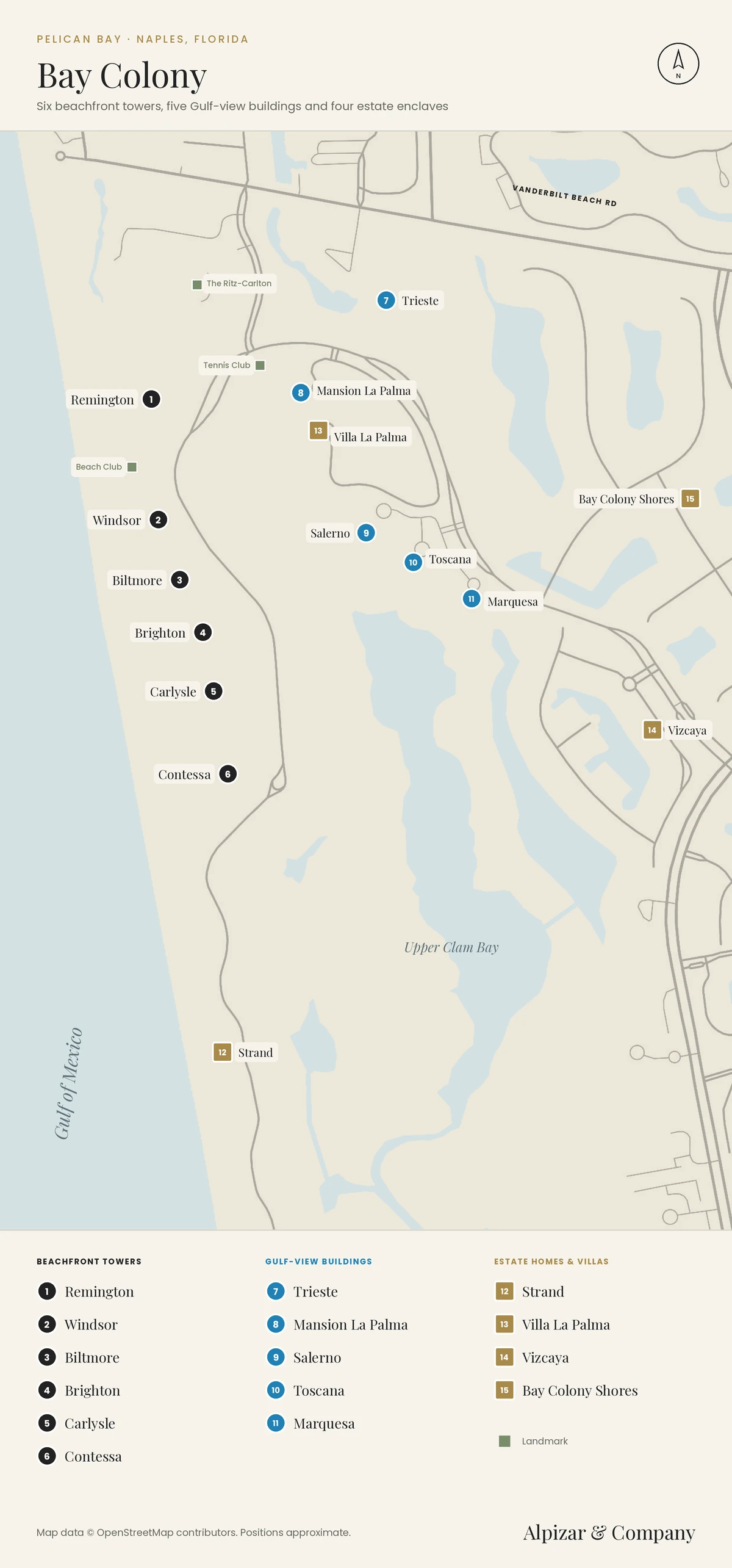 Map of Bay Colony, Naples, Florida: the beachfront towers Remington, Windsor, Biltmore, Brighton, Carlysle and Contessa on the Gulf; the Gulf-view buildings Trieste, Mansion La Palma, Salerno, Toscana and Marquesa; and the Strand, Villa La Palma, Vizcaya and Bay Colony Shores estate communities, with Upper Clam Bay and the Ritz-Carlton