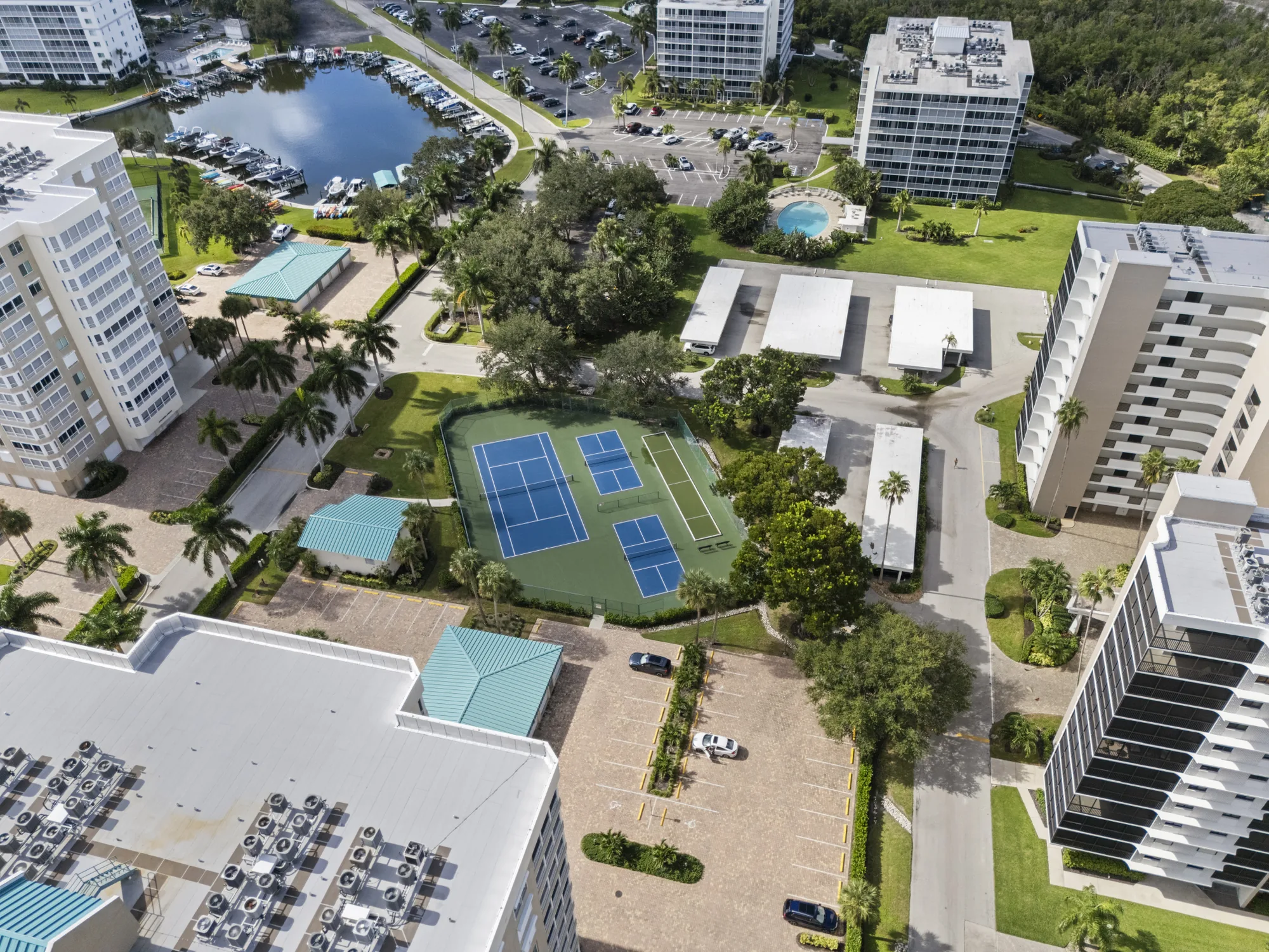 Aerial of the Gulf Breeze at Vanderbilt tennis and pickleball courts on Bluebill Avenue, Vanderbilt Beach, Naples, Florida