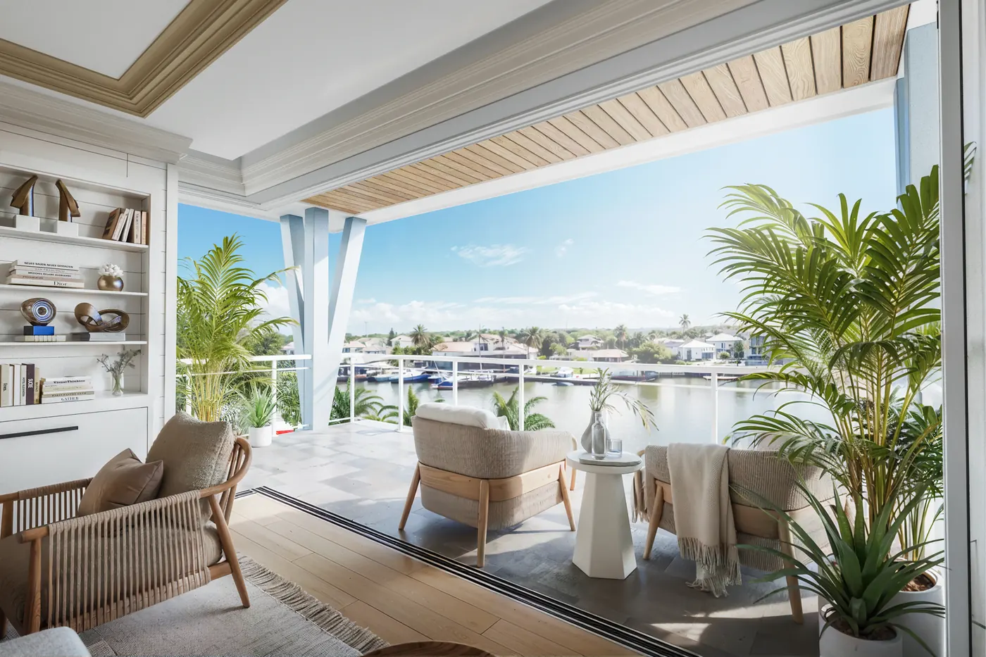 View from a Harbour House Naples terrace across Hurricane Harbor to docked boats and waterfront homes, Coquina Sands, Florida