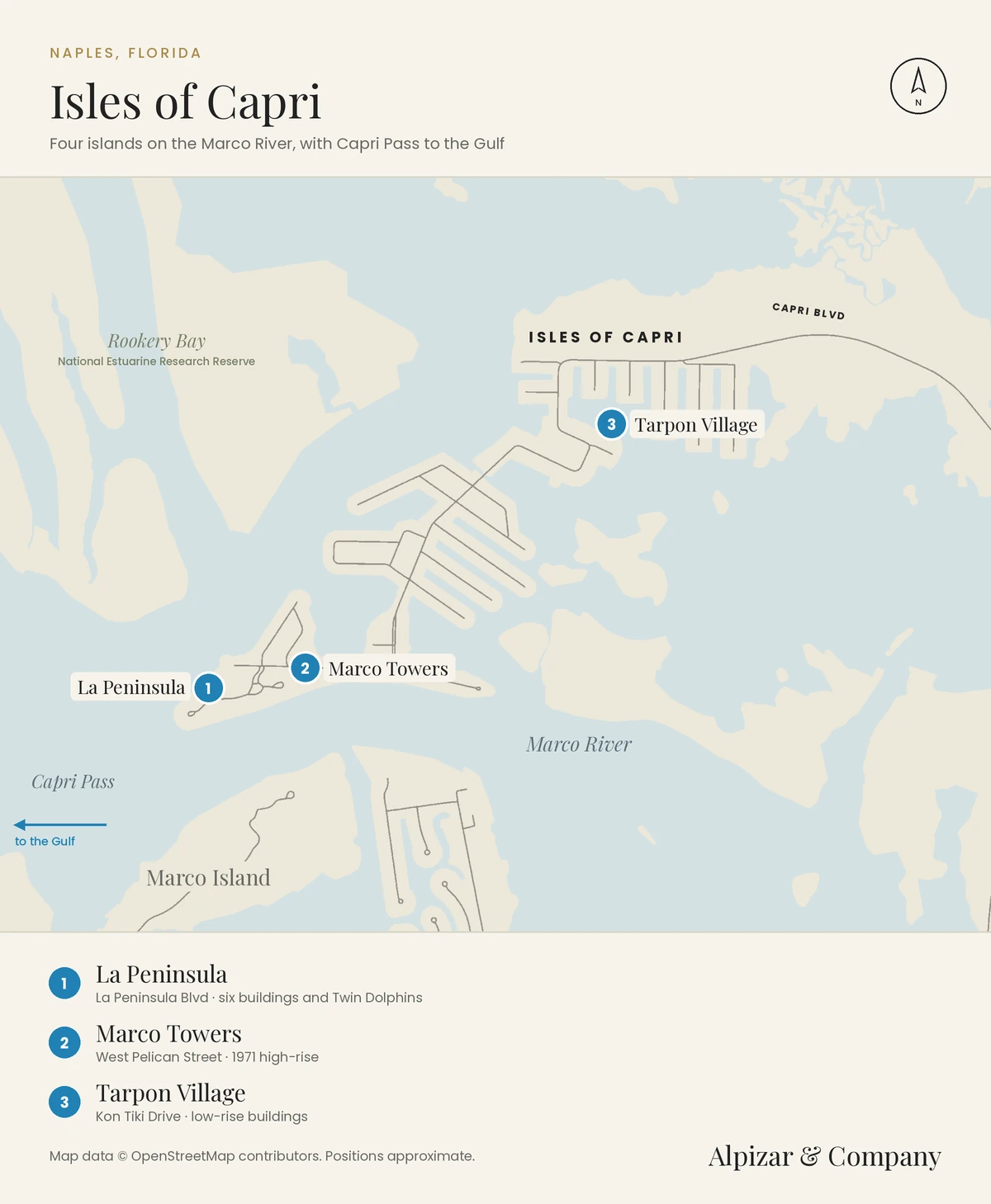 Map of Isles of Capri, Naples, Florida: La Peninsula and Twin Dolphins at the southwestern tip, Marco Towers on West Pelican Street and Tarpon Village on Kon Tiki Drive, with the Marco River, Capri Pass, Marco Island and the Rookery Bay reserve