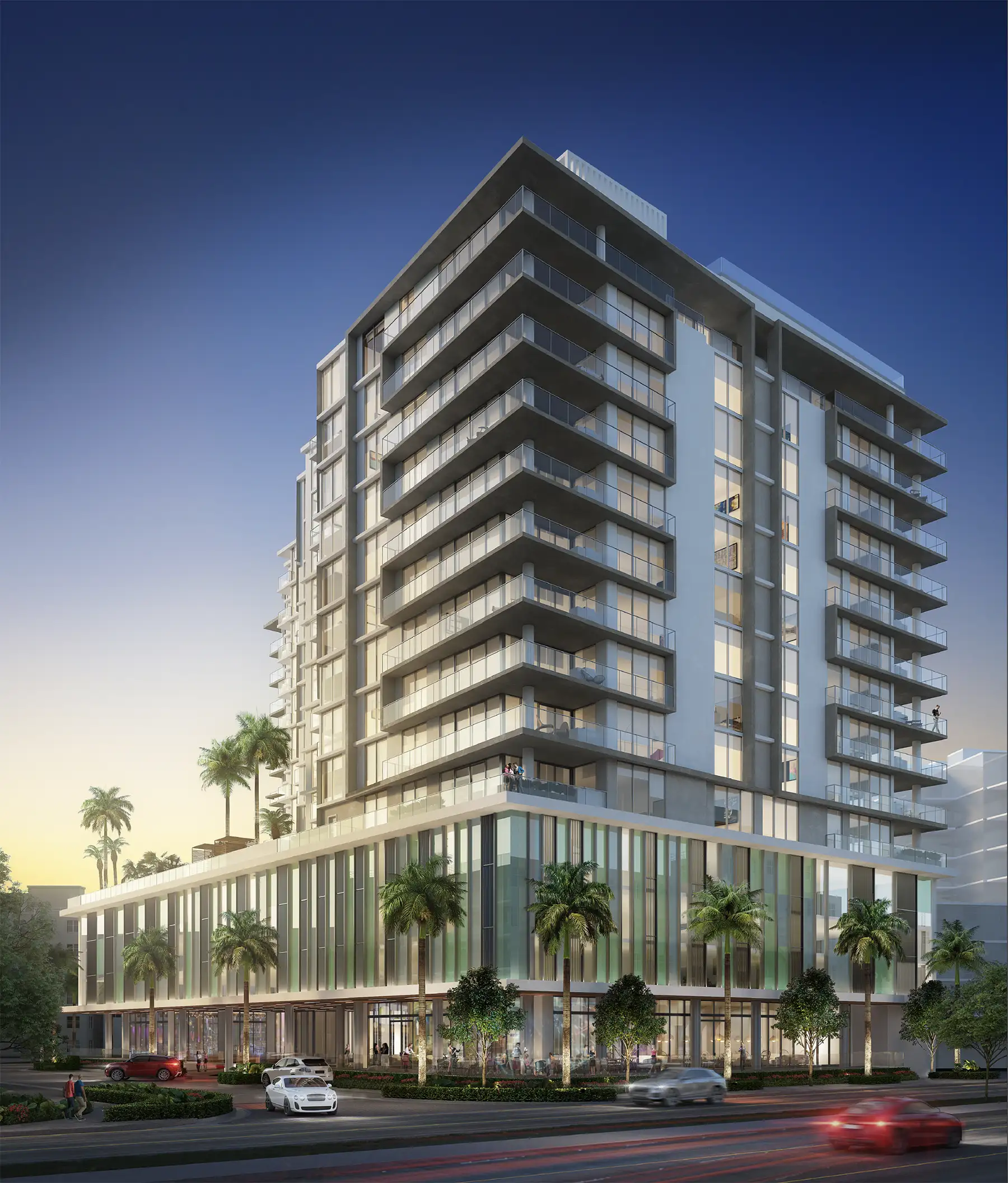 Metropolitan Naples Avra tower — exterior rendering at dusk, Naples Florida