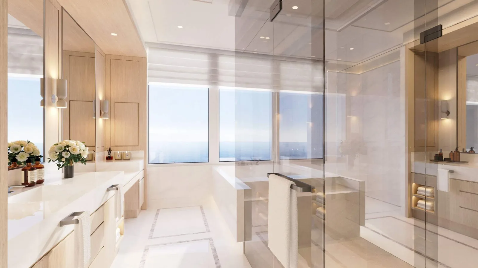 Primary bathroom of a Naples Beach Club residence in the Beachwood finish package, with white oak cabinetry, Bianco Dolomiti marble, a glass-enclosed shower and a soaking tub beneath Gulf-view windows