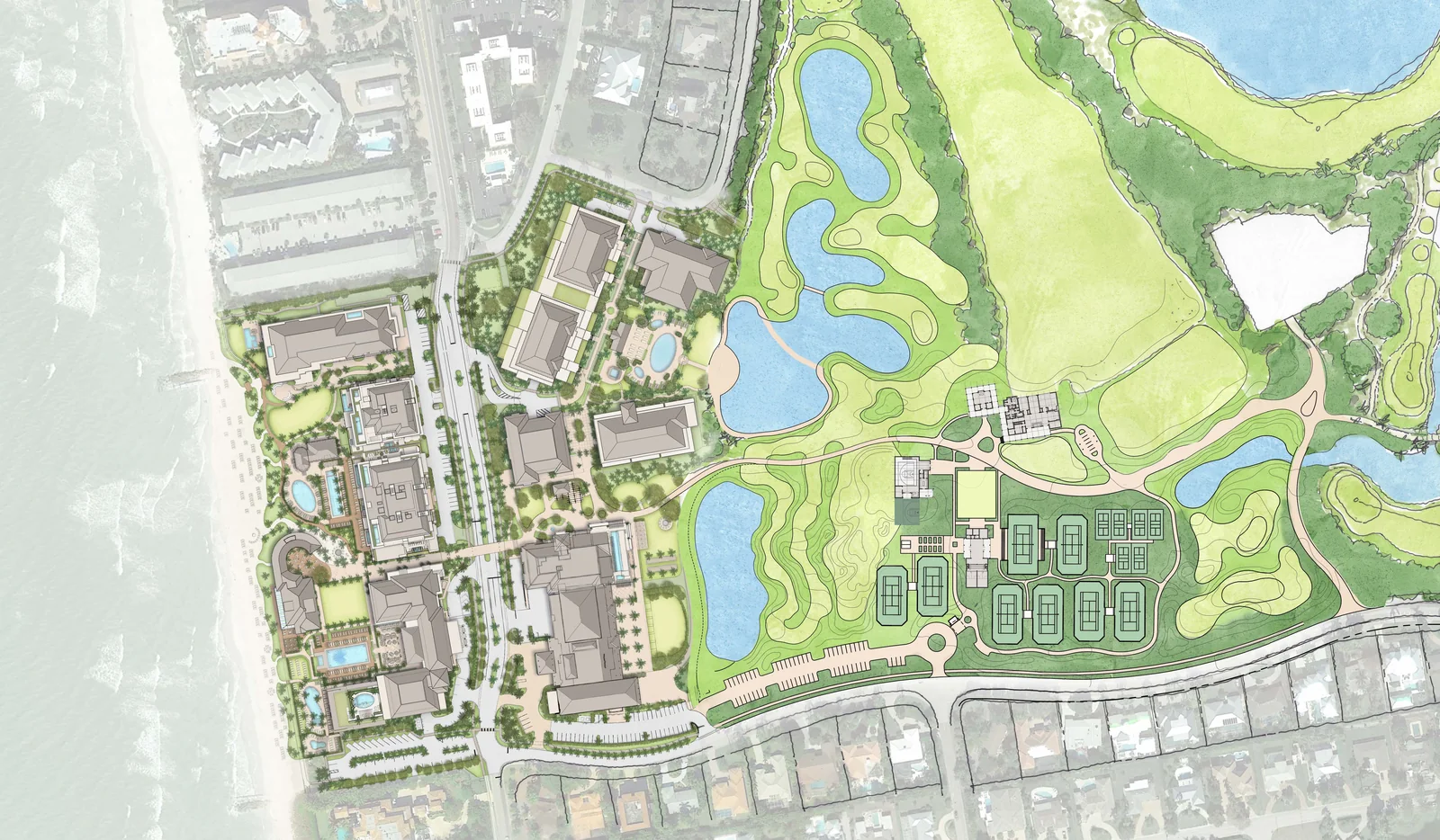 Master plan of Naples Beach Club in Naples, Florida, showing the Beachside buildings and resort on the Gulf, Gulf Shore Boulevard North, the Golfside buildings, lakes, tennis courts and golf course