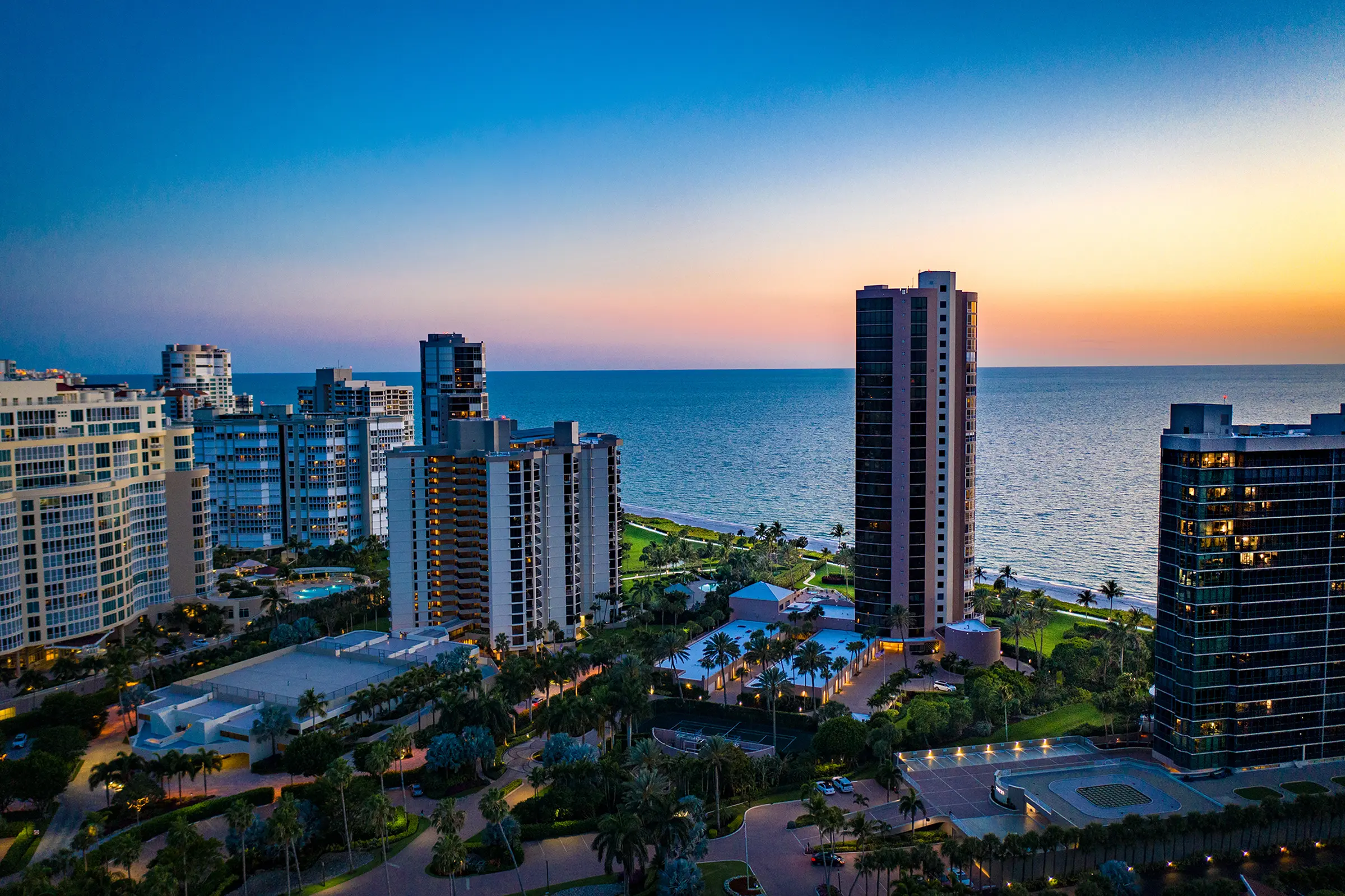 Aerial of the Park Shore beachfront high-rise towers along Gulf Shore Boulevard North and the Gulf of Mexico, Naples, Florida