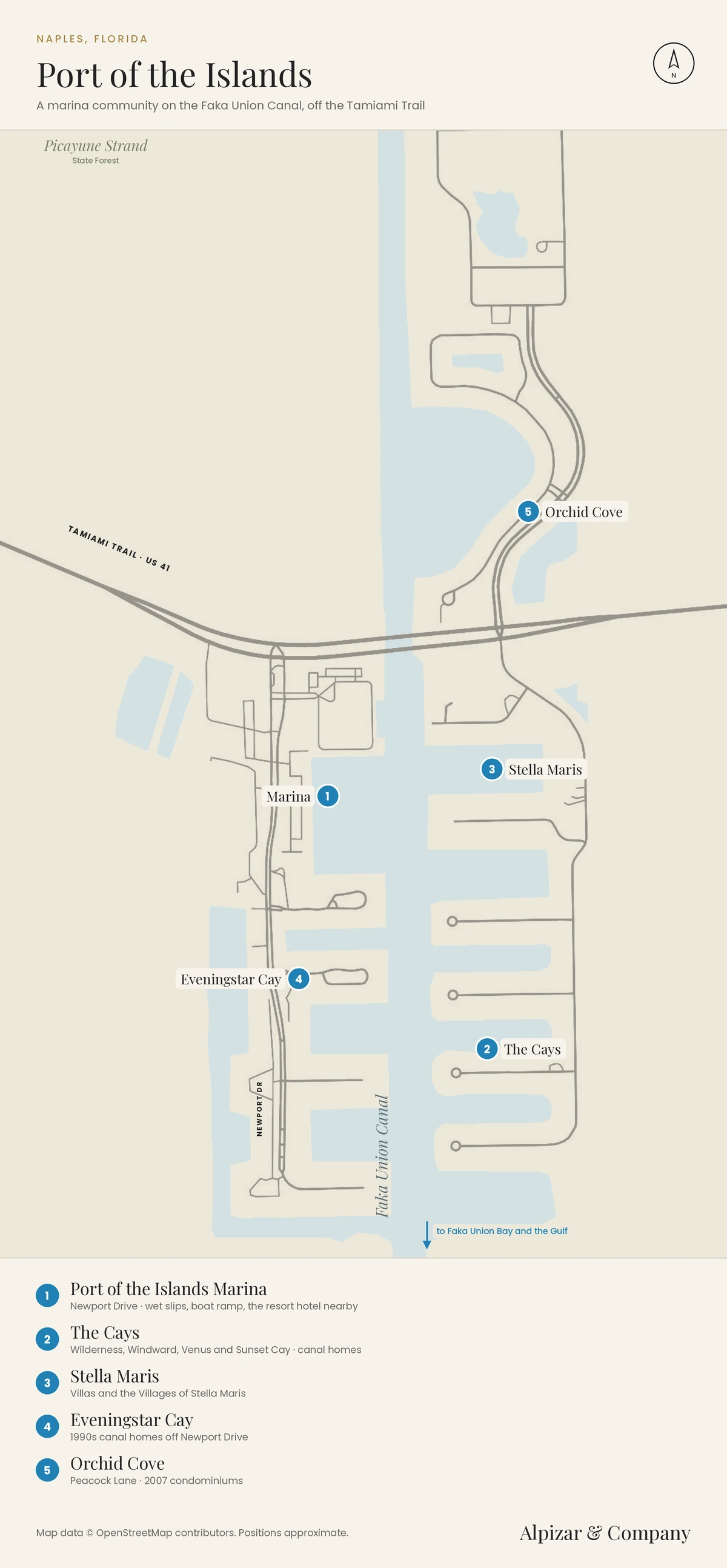 Map of Port of the Islands, Naples, Florida: the Port of the Islands Marina on Newport Drive, The Cays, Stella Maris and Eveningstar Cay on the Faka Union Canal south of the Tamiami Trail, and Orchid Cove on Peacock Lane to the north, with the canal running south to Faka Union Bay and the Gulf