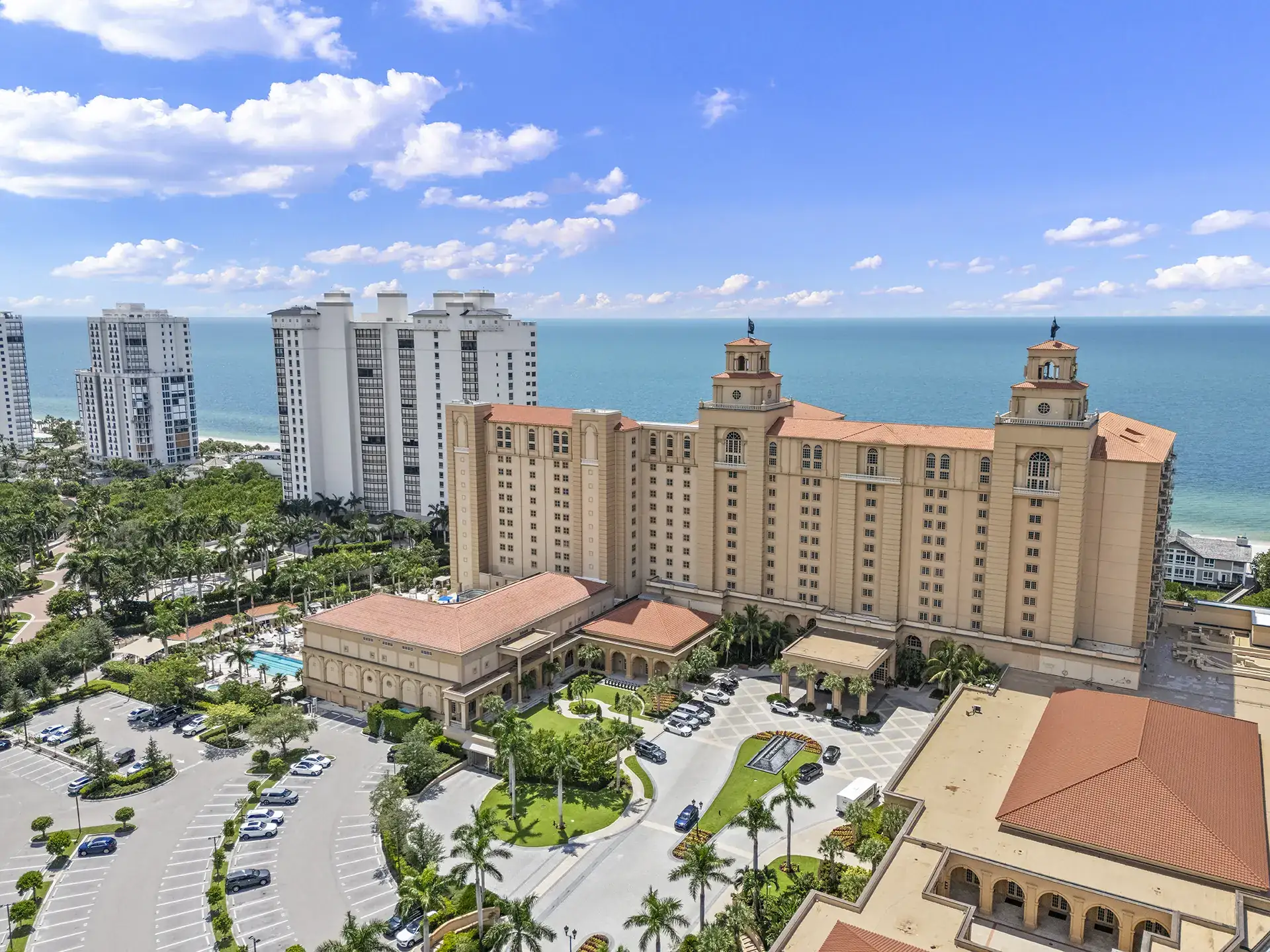 Aerial view of The Ritz-Carlton, Naples beach resort at the north end of Bay Colony, Naples, Florida