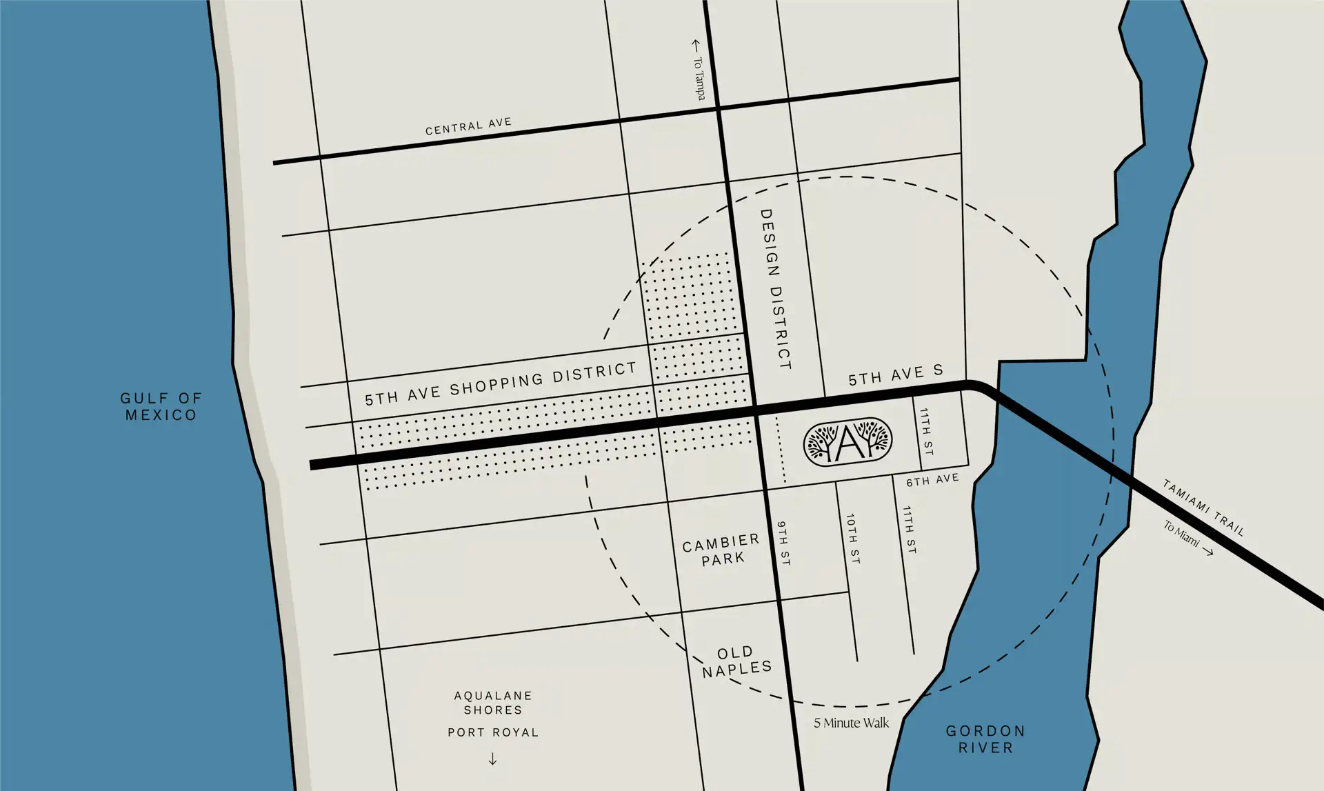 The Avenue Naples — location map showing proximity to 5th Avenue South shopping district, Old Naples, and Gulf of Mexico