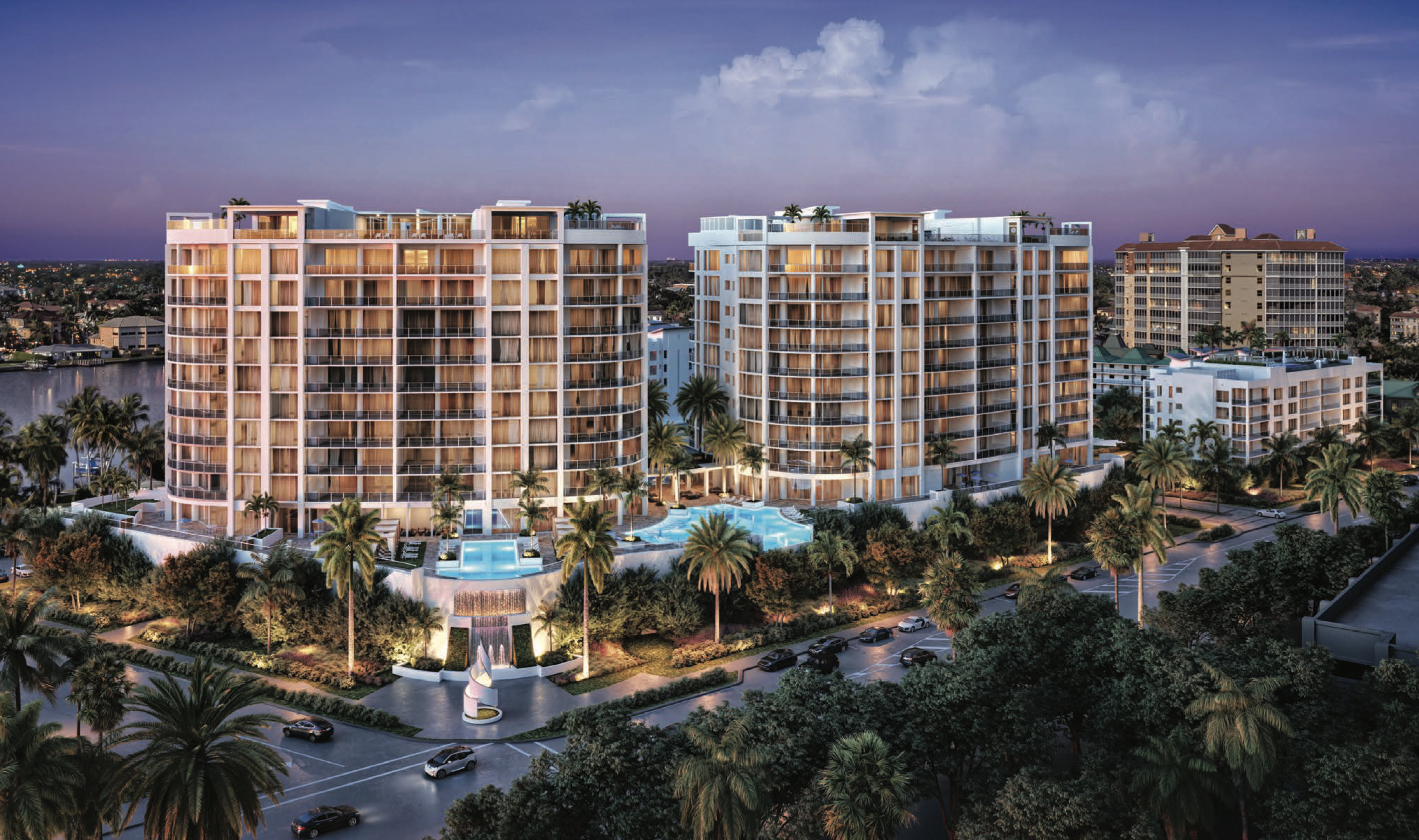 The Ritz-Carlton Residences Naples — luxury condominium towers at twilight in Vanderbilt Beach, Naples, Florida